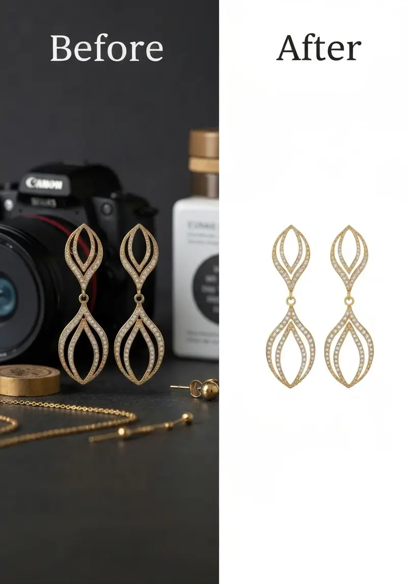 Jewelry product image background eraser demonstration showing before and after results